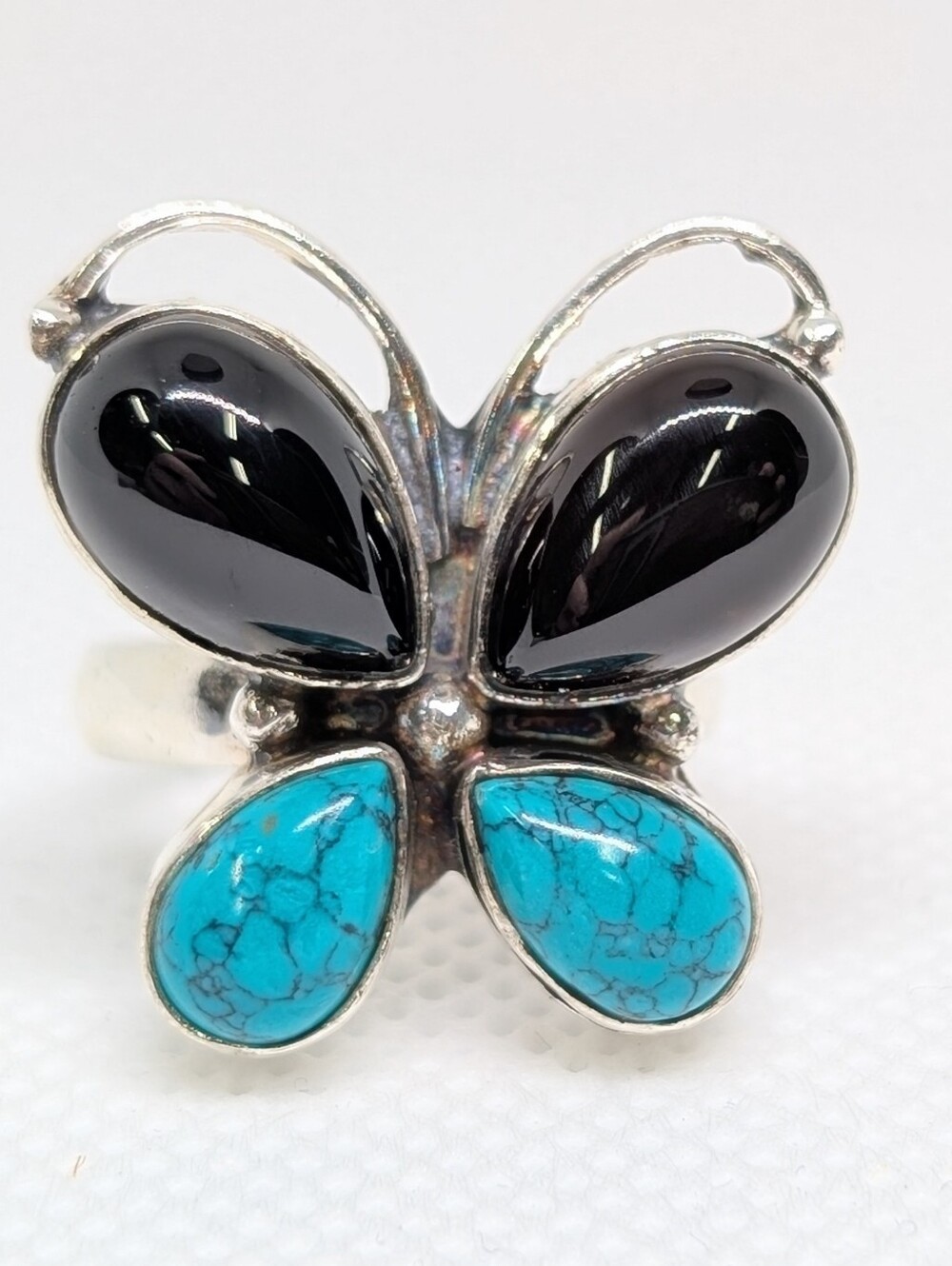 Artisan Handcrafted Butterfly Ring Black Onyx and Turquoise Sterling Silver